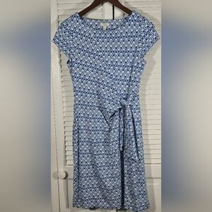 Talbots Blue White Geometric Print Sheath Faux Wrap Side Tie Stretch Dress Sz SP